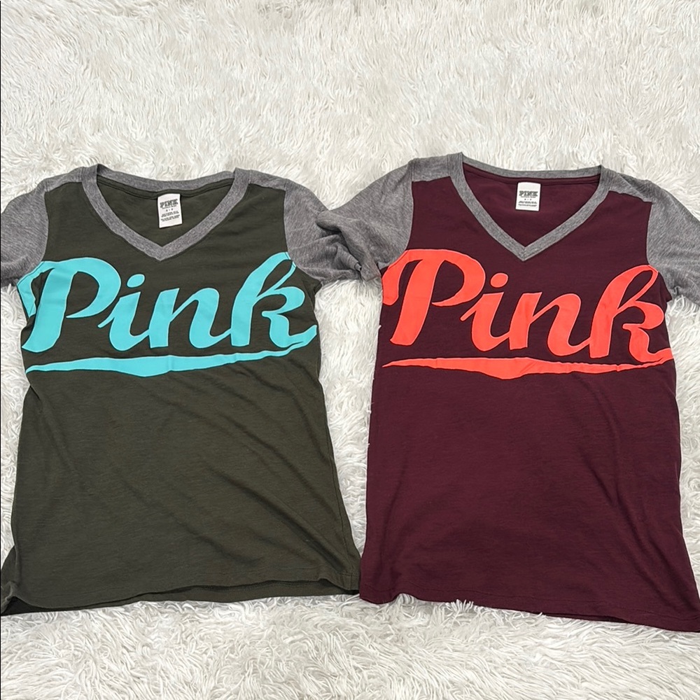 PINK V-Neck Graphic Tees - Green and Burgundy with gray sleeves